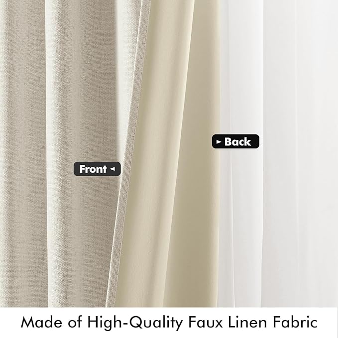 MIULEE 100% Blackout Linen Curtains for Bedroom, Linen Beige Solid Luxury Decor Thermal Insulation Room Darkening Drapes for Living Room Nursery Back Tab Rod Pocket 42 x 90 Inches, 2 Panels