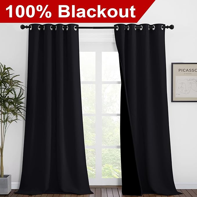 NICETOWN High-End Thermal Curtains, Full Blackout Curtains 90 Inches Long for Dining Room, Soundproof Window Treatment Drapes for Hall Room, Black, 46" Wide Per Panel, Set of 2 Panels
