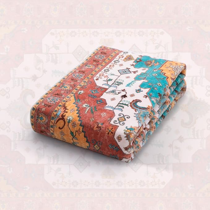 SERISSA Area Rug 3x5 Boho Orange Rugs for Bedroom, Washable Kitchen Rugs Non-Slip, Ultra Soft Print Distressed Vintage Entry Rug Low-Pile Throw Rug Carpet for Nursery Living Room Dorm Decor