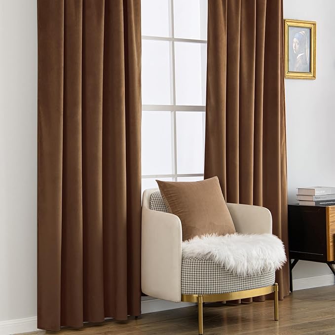 MIULEE Velvet Curtains 90 inches - Luxury Blackout Curtains for Bedroom Living Room Thermal Insulated Super Soft Window Drapes Rod Pocket & Back Tab, Brown, W52 x L90 inches, 2 Panels