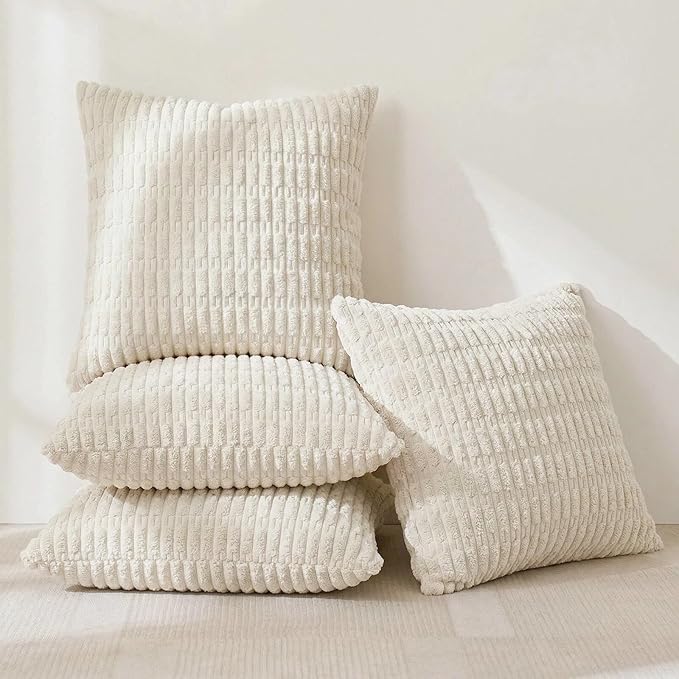 Fancy Homi 4 Packs Boho Cream Decorative Throw Pillow Covers 14x14 Inch for Living Room Couch Bed Sofa, Rustic Modern Farmhouse Home Decor, Soft Plush Corduroy Beige Cute Square Cushion Case 35x35 cm