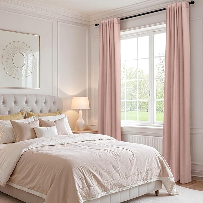 100% Blackout Shield Linen Blackout Curtains for Bedroom 90 Inches Long, Back Tab/Rod Pocket Living Room Drapes, Thermal Insulated Blackout Curtains 2 Panels Set, 50" W x 90" L, Blush Pink
