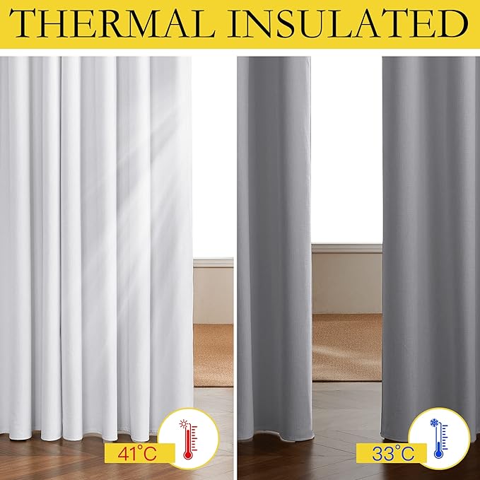 NICETOWN 100% Absolutely Blackout Linen Curtains with Thermal Insulated White Liner, White, W62, 2 Pieces, Noise Reducing Textured Linen Look Curtains for Windows 90 inch Length for Classroom