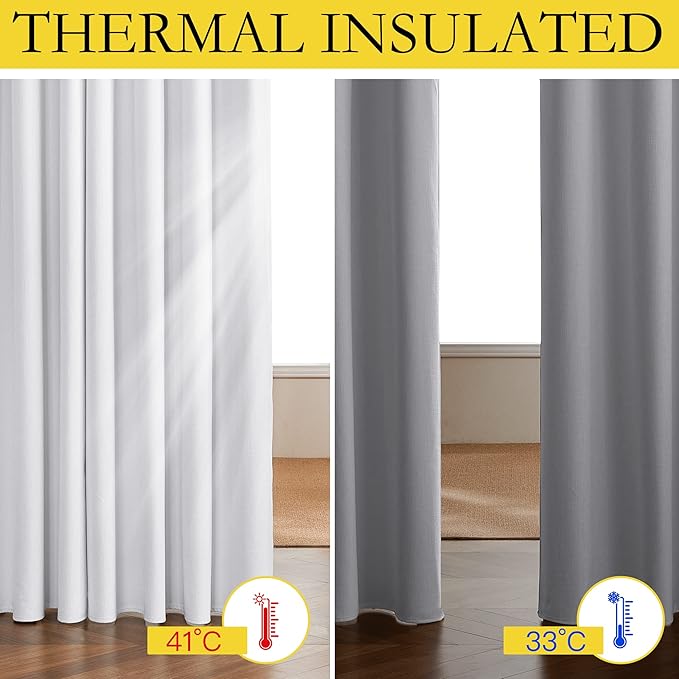NICETOWN 100% Absolutely Blackout Linen Curtains with Thermal Insulated White Liner, White, 34 inches Wide, 48 inches Length Energy Saving Curtains for Cupboard 2 Panels Set, Vertical Blinds