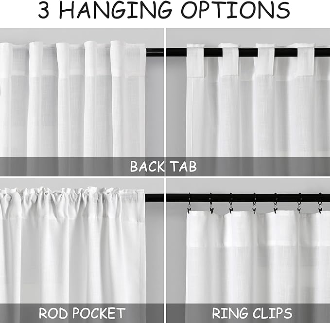 Nanspring White Curtains for Kitchen Linen Semi Sheer Light Filtering Curtains Back Tab and Rod Pocket Farmhouse Decor Curtain for Bathroom Small Window Drapes 34 x 30 Inch,2 Panels