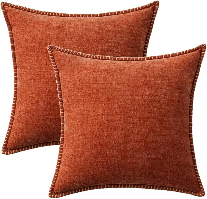 MIULEE Pack of 2 Couch Throw Pillow Covers 18x18 Inch Rust Farmhouse Decorative Pillow Covers with Stitched Edge Soft Chenille Solid Dyed Pillow Covers for Sofa Bed Living Room