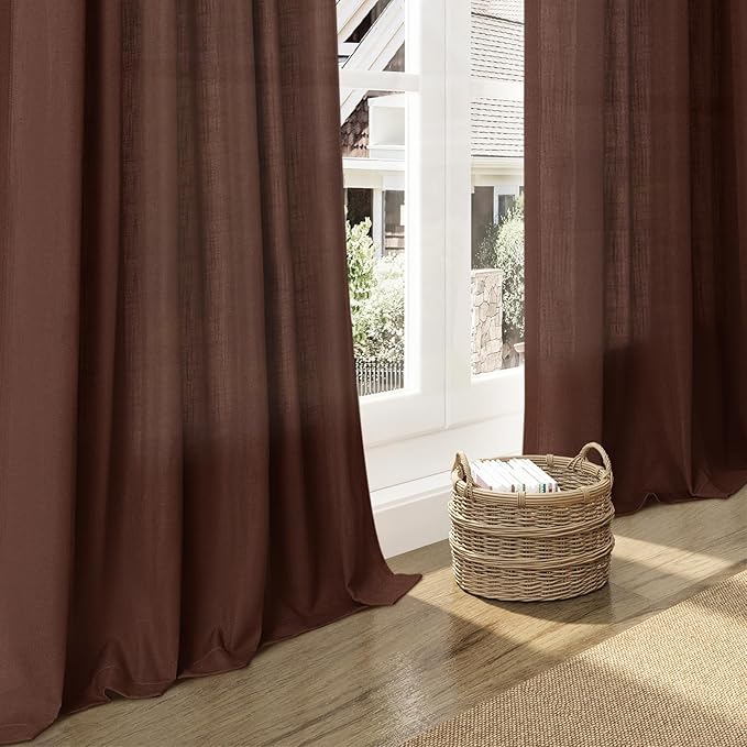 Rustic Brown Linen Curtains 63 Inches Long 2 Panel Sets for Living Room Bedroom Rod Pocket Back Tab Light Filtering Drape for Kitchen Window Short Protect Privacy Curtain Modern Farmhouse Decor 52x63