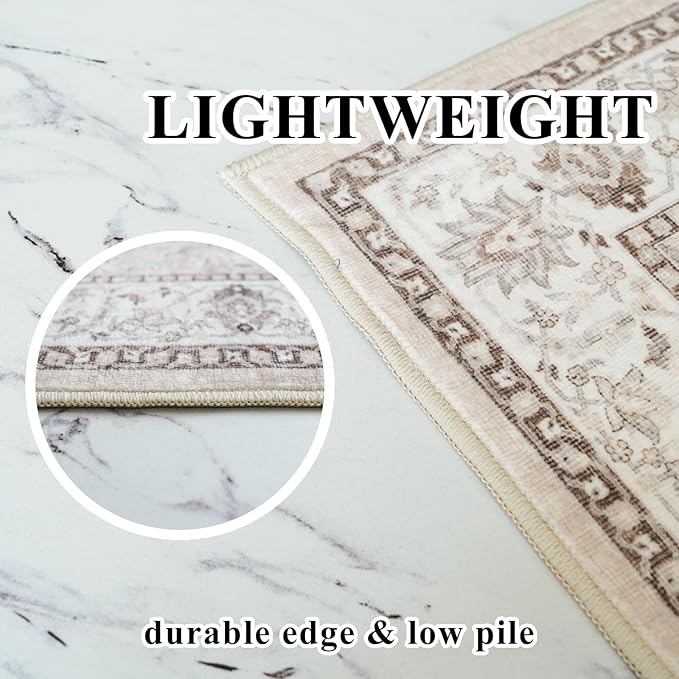 Washable 3x8 Kitchen Runner Rug: Indoor Oriental Hallway Carpet Low-Pile Stain Resistant Entryway Bathroom Area Rug Non Slip Vintage Soft Floor Mat for Living Room Bedroom Boho Home Decor(3x8,Beige)