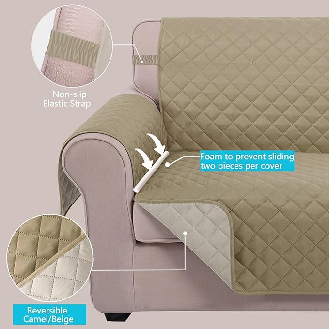 U-NICE HOME Loveseat Sofa Cover Reversible Couch Covers for 2 Cushion Couch for Dogs Furniture Protector Cover with Elastic Straps Water Resistant(Loveseat Small, Light Camel/Beige)