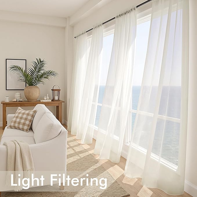 MIULEE Ivory Sheer Curtains 90 Inches Long, 4 Panels Set, Light Filtering Rod Pocket Voile Drapes for Living Room and Bedroom, Airy Soft Fabric Window Treatments, 42 x 90 Inches