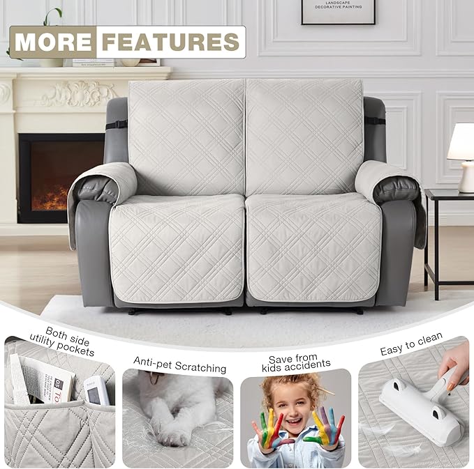 TAOCOCO 100% Waterproof Loveseat Recliner Cover with Straps, Split Loveseat Covers for Reclining loveseat, Non Slip Reclining Sofa Cover Furniture Protector for Kids, Pets(2 Seater, Off White)