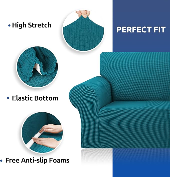 KEKUOU Stretch Loveseat Sofa Cover Slipcover,Couch Covers for 2 Cushion Couch Sofa (55"-78") Furniture Protector Sofa with Elastic Bottom for Kids,Dog. Jacquard Small Checked (Medium,Peacock Blue)