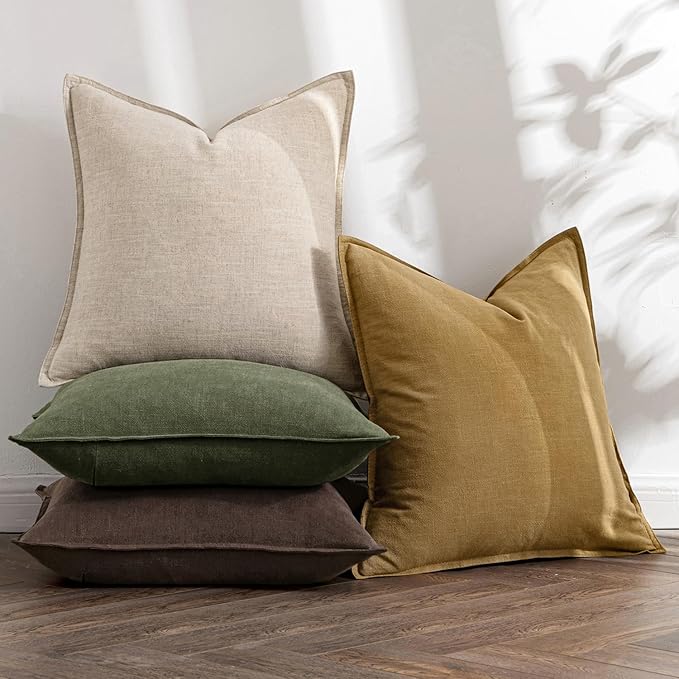 MIULEE Neutral Green/Brown Linen Pillow Covers Pack of 4 Decorative Natural Solid Throw Pillow Covers Soft Accent Boho Farmhouse Couch Pillowcases Spring Decors for Living Room Bed Sofa 18x18 Inch
