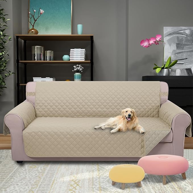U-NICE HOME Reversible Sofa Cover Couch Cover for Dogs with Elastic Straps Water Resistant Furniture Protector for Pets Couch Cover for 3 Cushion Couch (Sofa, Sand/Beige)