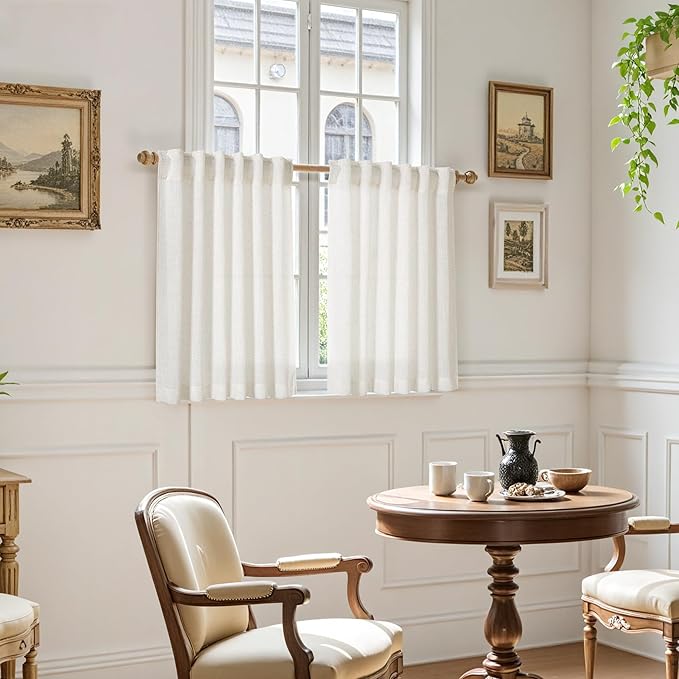 Nanspring Cream Short Linen Kitchen Curtains 36 Inch Length,Over Sink Light Filtering Semi Sheer Curtains Back Tab and Rod Pocket Drapes for Basement Bathroom Window, 2 Panels 42 x 36 Inch