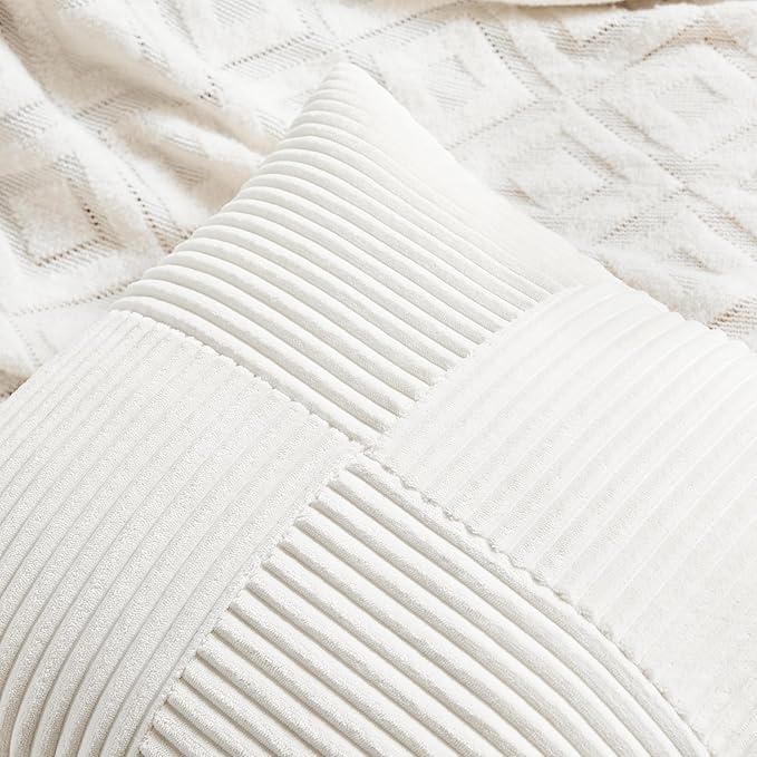 Fancy Homi 2 Packs Cream White Lumbar Decorative Throw Pillow Covers 16x32 Inch for Living Room Couch Bed, Rustic Farmhouse Boho Home Decor, Soft Striped Corduroy Rectangle Accent Cushion Case 40x80cm