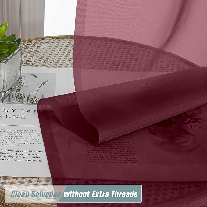 Burgundy Sheer Curtains 120 Inches Long 2 Panels, Extra Long Light Filtering Modern Window Curtains for Sliding Glass Door, Rod Pocket Voile Drapes for Living Room Bedroom, 2x42Wx120L Inches