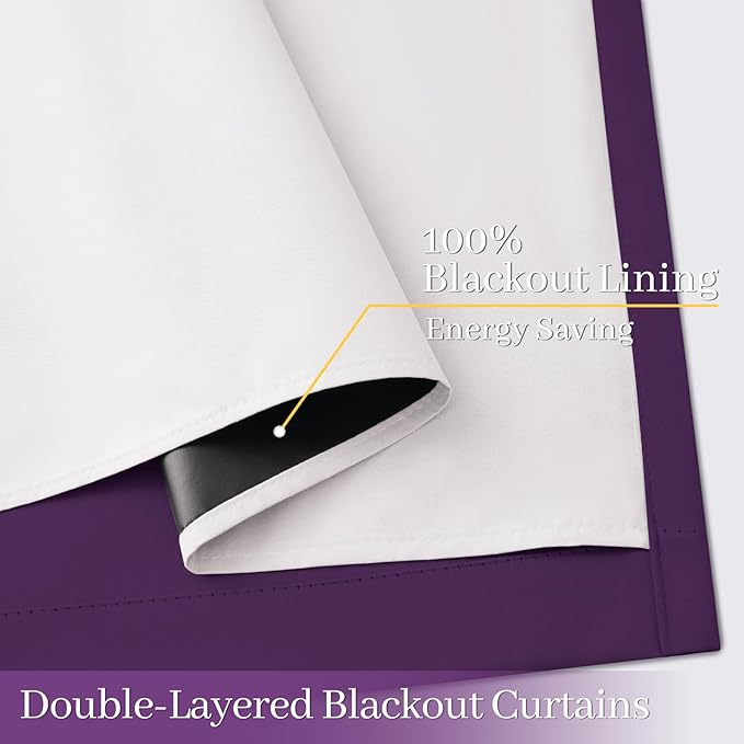 Yakamok 100% Blackout Curtain Panels 84 inches Cold and Light Blocking Drapes for Nursery, 2 Thick Layers Thermal Insulated Draperies (2 Pieces, 40 Wide Each Panel, Purple/White Backing)