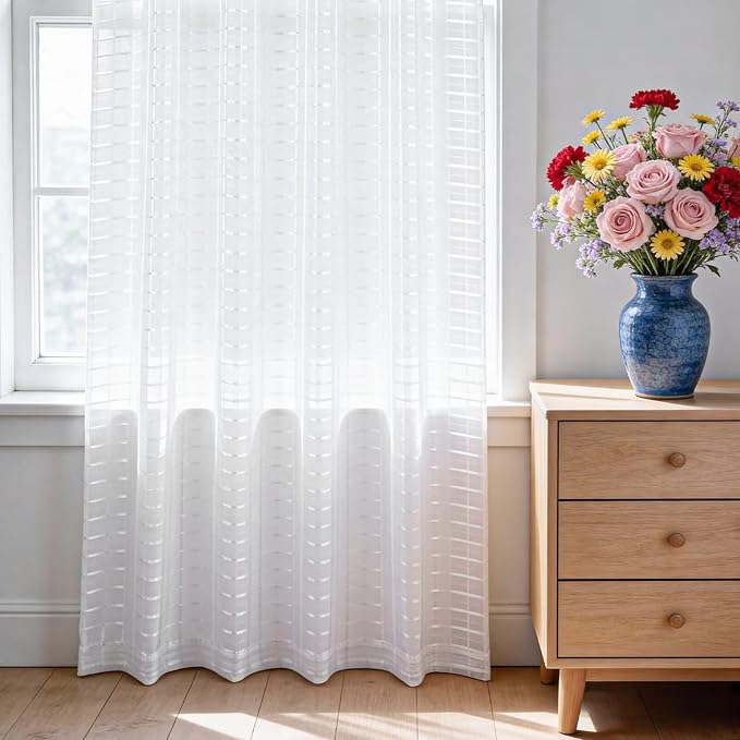 SpaceDresser Check Sheer Curtains 84 Inches Long for Living Room, Rod Pocket Plaid Semi Sheer Drapes for Kitchen Bedroom（White, 52W x 84L）
