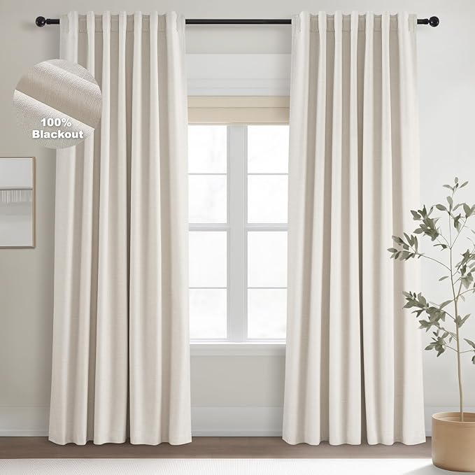 Topfinel 100% Blackout Linen Curtains 72 Inch Long Ivory Blackout Cream White Curtains, Pinch Pleated Back Tab Sun Blocking Drapes with Hooks Room Darkening Heat Reducing 52" X 72" Christmas