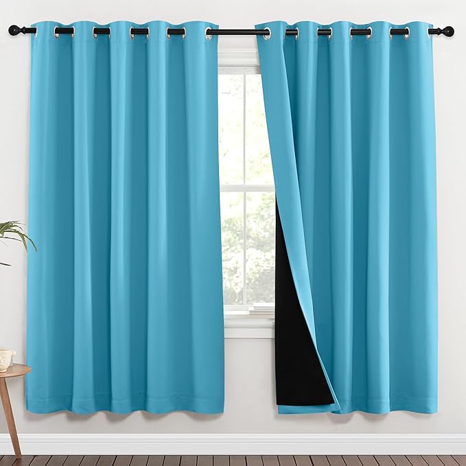 NICETOWN 100% Blackout Window Curtain Panels, Teal Blue, 2 Pieces, 70-inch Wide Per Panel, Full Light Blocking Drapes with Black Liner for Nursery, 72-inch Drop Thermal Insulated Draperies