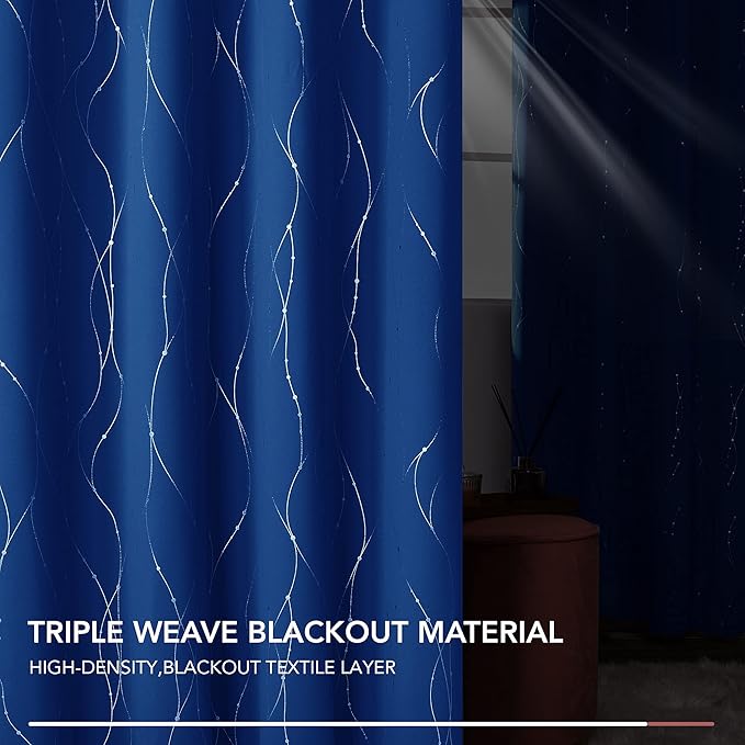 Deconovo Blackout Curtains, 52 x 63 Inch Drapes for Living Room with Wave Dots Silver Print, Soundproof Thermal Insulated Window Curtain for Bedroom Nursery, Set of 2, Machine Washable, Royal Blue