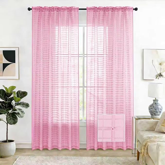 SpaceDresser Check Sheer Curtains 90 Inches 2 Panels Set, Rod Pocket Plaid Window Curtain for Living Room, Pink Semi Sheer Drapes for Kitchen Bedroom Children Room Yard（Pink, 52W x 90L）