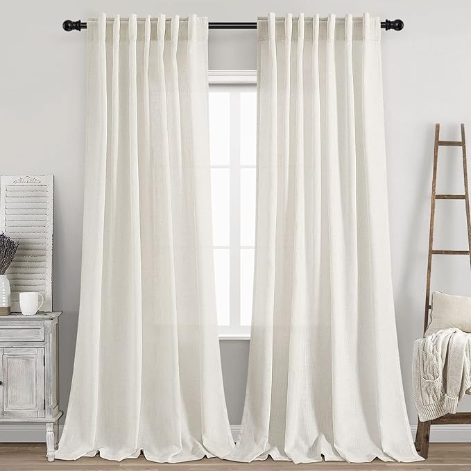 2 Panels Set Cream Linen Curtains 100 inches Long for Living Room Extra Long Back Tab Curtains Neutral Farmhouse Light Filtering Semi Sheer Linen Drapes Ceiling to Floor for Large Window Ivory