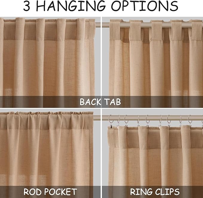 Nanspring Camel Linen Curtains for Living Room 94 Inches Long Back Tab and Rod Pocket Light Filtering Semi Sheer Vintage Rustic Curtain Luxury Boho Decor Drapes for Bedroom Office 52x94, 2 Panels