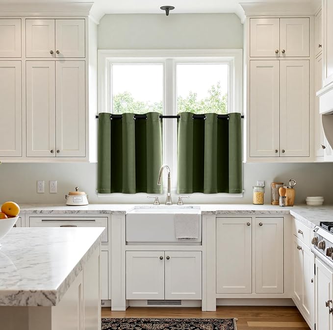 MIULEE Short Curtains for Windows - Olive Green Blackout Half Window Curtains Thermal Insulated Privacy Drapes for Kitchen Bedroom Bathroom Grommet Top Small Basement Tiers W40 x L36 Inch 2 Panels