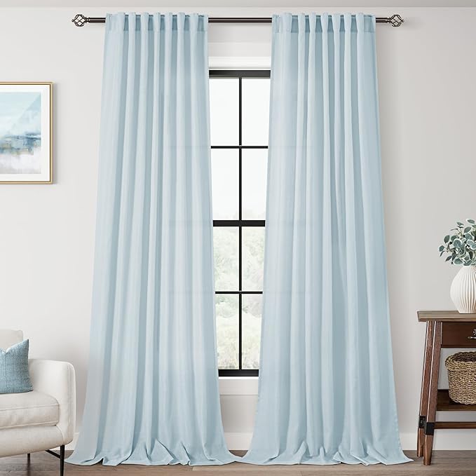 Sky Blue Curtains 90 inch Length for Bedroom Back Tab Light Filtering Semi Sheer Blue Living Room Curtains Linen Cotton Textured Drapery Panel Aesthetic Decor Light Blue 52x90