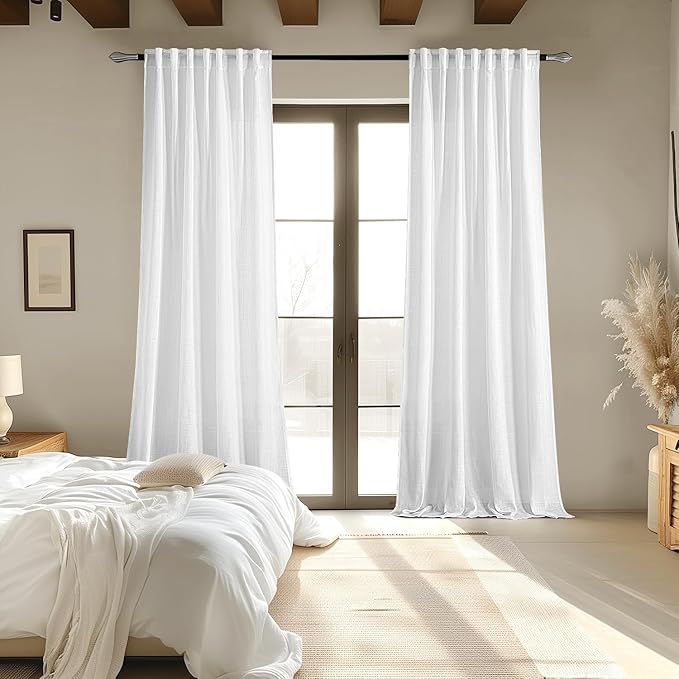 MIULEE White Linen Curtains 72 Inch Length 2 Panels for Bedroom Living Room, Soft Thick Linen Textured Back Tab Window Drapes Semi Sheer Light Filtering Rod Pocket Modern Farmhouse Decor