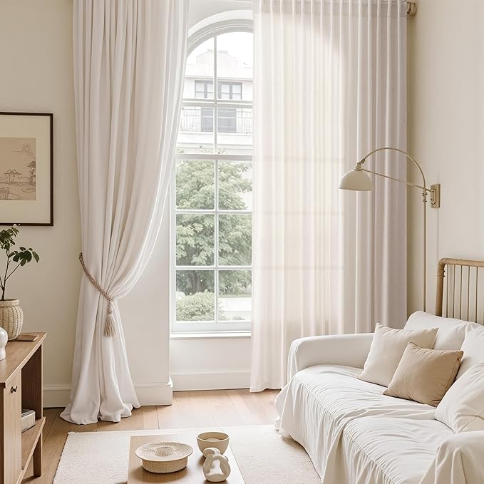 Ivory White Linen Curtains for Living Room 126 Inches Long Light Filtering Semi Sheer Curtain Back Tab Neutral Modern Farmhouse Decor Drapes Floor to Ceiling High Window for Bedroom 52x126, 2 Panels