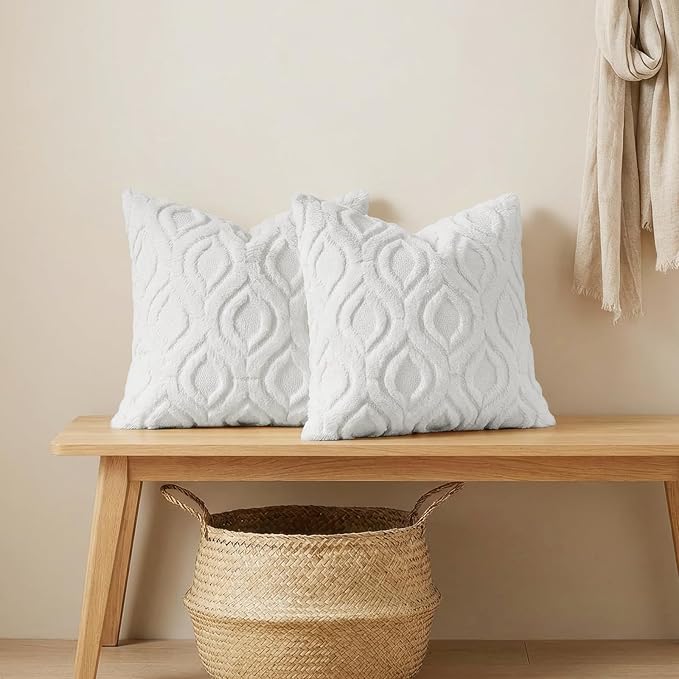 decorUhome Throw Pillow Covers 18x18 Inch Set of 2, Soft Plush Faux Wool White Solid Couch Pillow Covers, Accent Farmhouse Neutral Square Pillow Cases for Sofa Bed Living Room