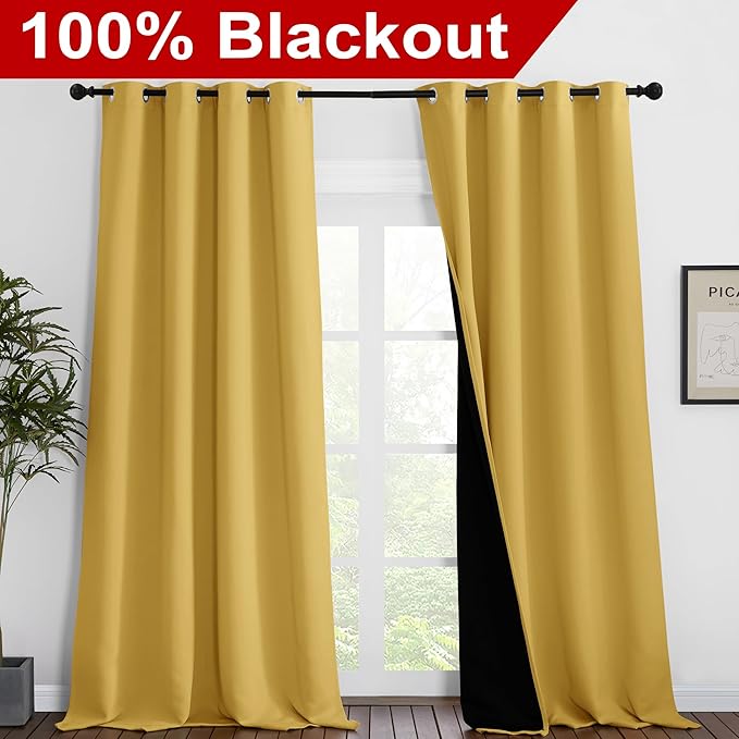NICETOWN 100% Blackout Blinds, Set of 2, 52 inches x 102 inches, Laundry Room Decor Window Treatment Curtains for Large Patio Sliding Door, Thermal Insulated Bright Yellow Curtains for Bedroom