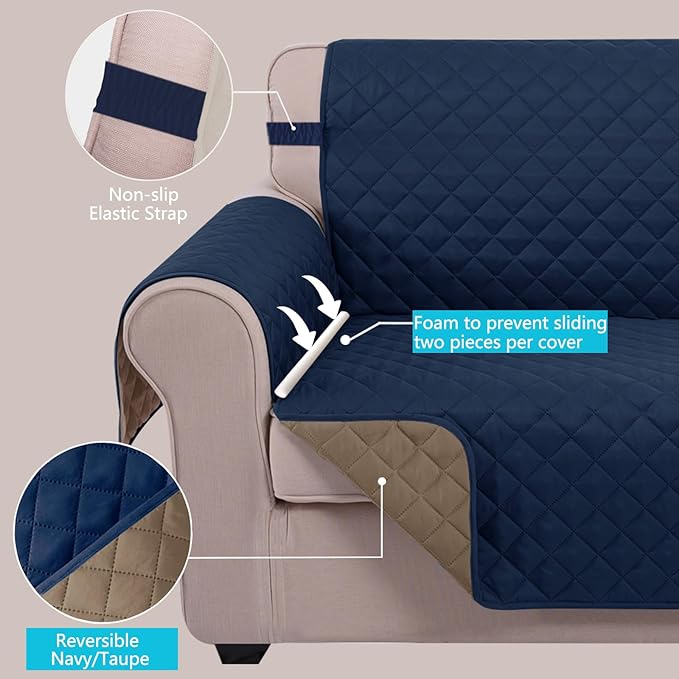 U-NICE HOME Loveseat Sofa Cover Reversible Couch Covers for 2 Cushion Couch for Dogs Furniture Protector Cover with Elastic Straps Water Resistant(Loveseat Small, Navy/Taupe)