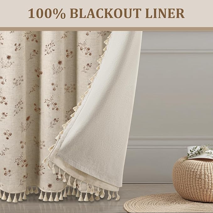 Boho Floral Spring 100% Blackout Curtains 84 Inch Length 2 Panels Set, Linen Texture Farmhouse Curtains with Beige Tassel for Living Room Bedroom, Vintage Rustic Rod Pocket,Brown