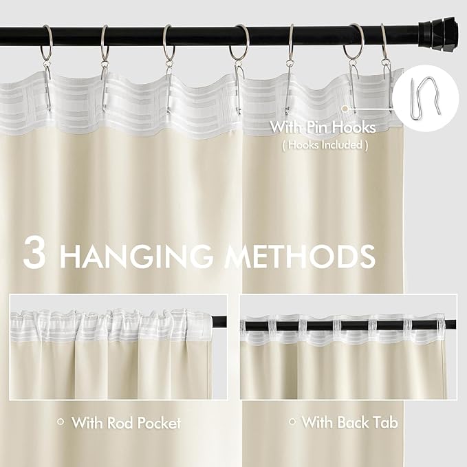MIULEE Birch Back Tab Blackout Curtain 96 Inch Long 2 Panels Set for Bedroom, Rod Pocket/Pinch Pleat Thermal Insulated Living Room Darkening Pleated Light Blocking Floor to Ceiling Drape
