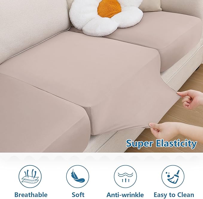 hyha Milk Silk Couch Cushion Covers, Soft Magic Sofa Covers Washable for 2 Cushion Couch, Stretch Sectional Outdoor Cushion Covers for Patio Furniture with Elastic Bottom(Medium, Taupe)