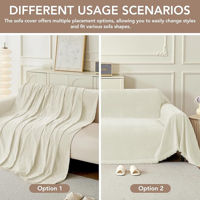 Couch Cover for Dogs, Boho Sofa Covers for 3 Cushion Couch, Chenille Sofa Slipcover for Pets Washable, L-Shape Sectional Couch Cover Soft Throw Blankets with Tassels(91x118,Cream)