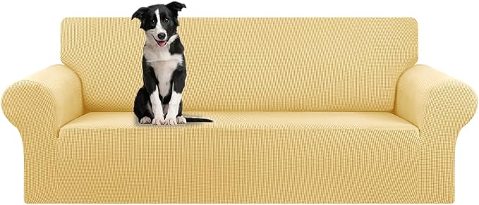 KEKUOU Stretch Oversized Sofa Slipcover 1 Piece Couch Sofa Cover (94"-110") Furniture Protector 4 Seater Sofa with Elastic Bottom for Kids,Pet.Jacquard Checked Pattern Fabric(X Large,Champagne)