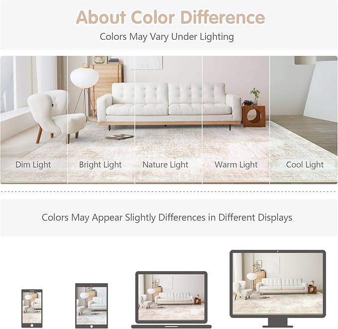 Area Rugs 8x10 Vintage Rug: Large Washable Living Room Rug Retro Medallion Distressed Rugs Soft Low Pile Non-Slip Indoor Floor Carpet for Bedroom Kitchen Nursery Dining Table Office (Beige/Brown)