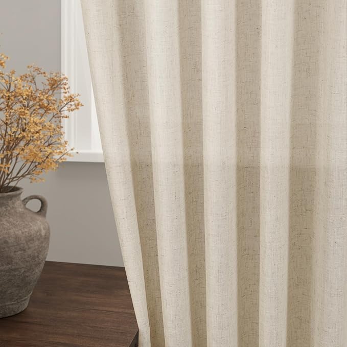 Extra Long Tan Beige Curtains 120 inch Length 2 Panels Set Back Tab Neutral Farmhouse Drapes Light Filtering Semi Sheer Linen Curtain 120 inches Long for Floor to Ceiling Window Patio Sliding Door