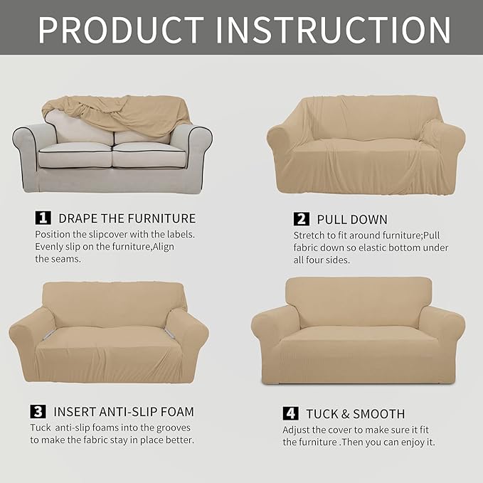 Easy-Going Stretch Sofa Slipcover 1-Piece Sofa Cover Furniture Protector Couch Soft with Elastic Bottom for Kids, Polyester Spandex Jacquard Fabric Small Checks (Sofa, Sand)