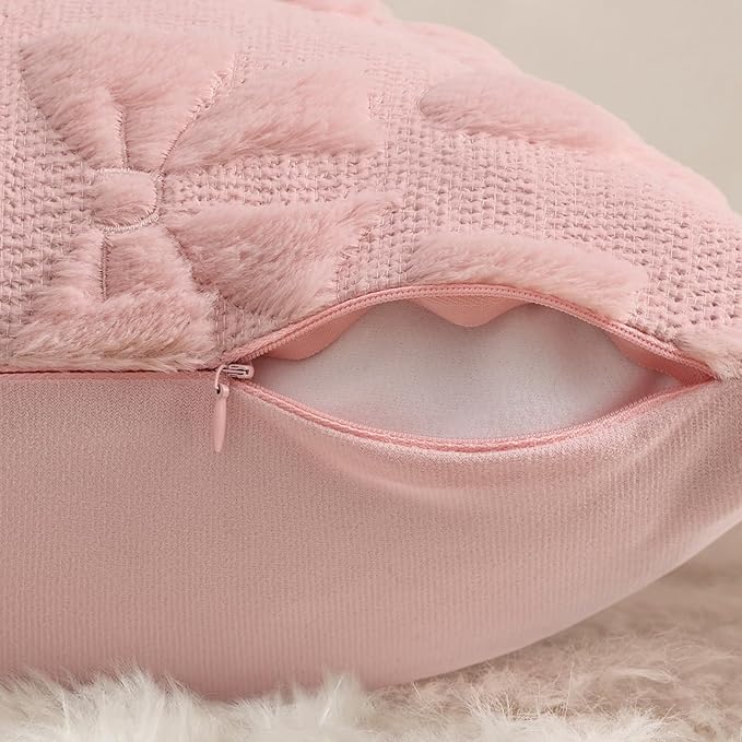 decorUhome Pink Bow Pillow Covers Set of 2 Coquette Aesthetic Cute Preppy Plush Faux Pillowcases for Girly Bedroom or Couch 18x18 Inch