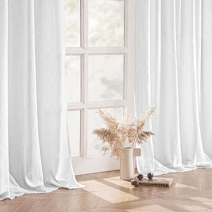 MIULEE White Linen Curtains 102 Inch Long 2 Panels for Bedroom Living Room, Soft Thick Linen Textured Back Tab Window Drapes Semi Sheer Light Filtering Rod Pocket Modern Farmhouse Decor
