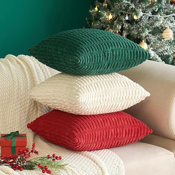 MIULEE Pack of 2 Red Corduroy Decorative Euro Sham Pillow Covers 24x24 Inch Soft Boho Striped Throw Pillow Covers Modern Farmhouse Home Decor for Sofa Living Room Couch Bed