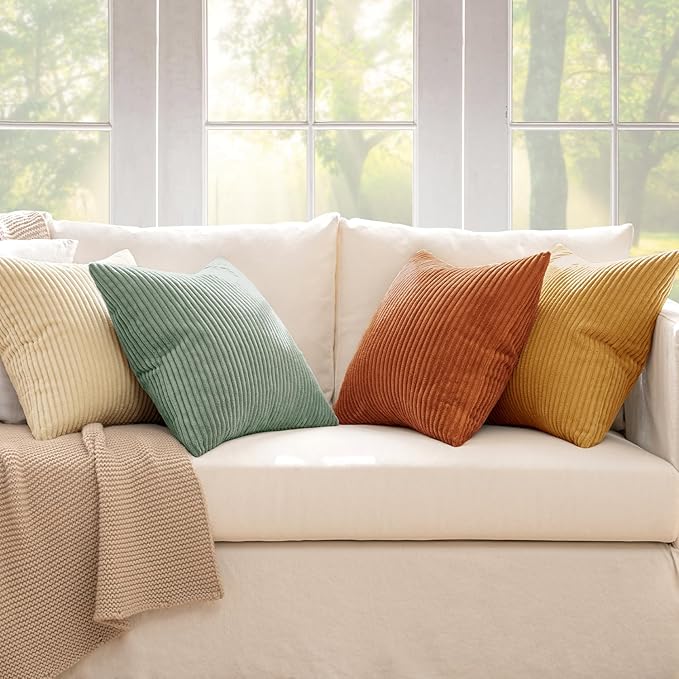MIULEE Boho Farmhouse Throw Pillow Covers 18x18 Inch Set of 4 Summer Modern Natural Decorative Cushion Covers Soft Corduroy Spring Decor for Couch Bed Sofa Living Room Orange Teal Gradient Series