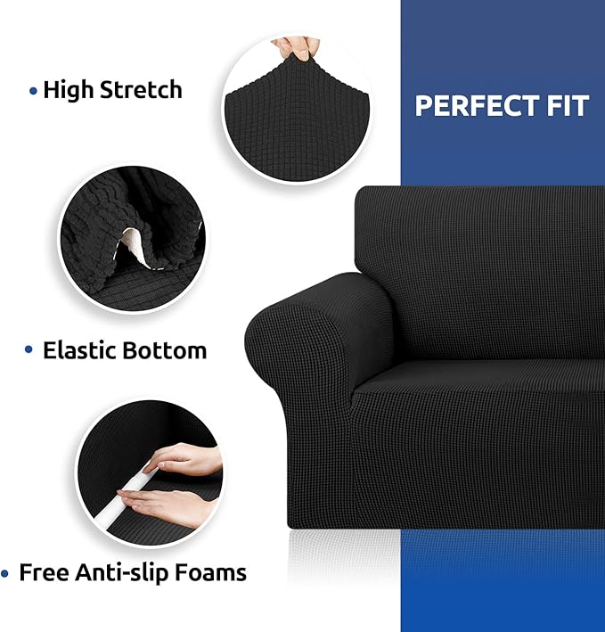 KEKUOU Stretch Oversized Sofa Slipcover 1 Piece Couch Sofa Cover (94"-110") Furniture Protector 4 Seater Sofa with Elastic Bottom for Kids,Pet.Jacquard Checked Pattern Fabric(X Large,Black)