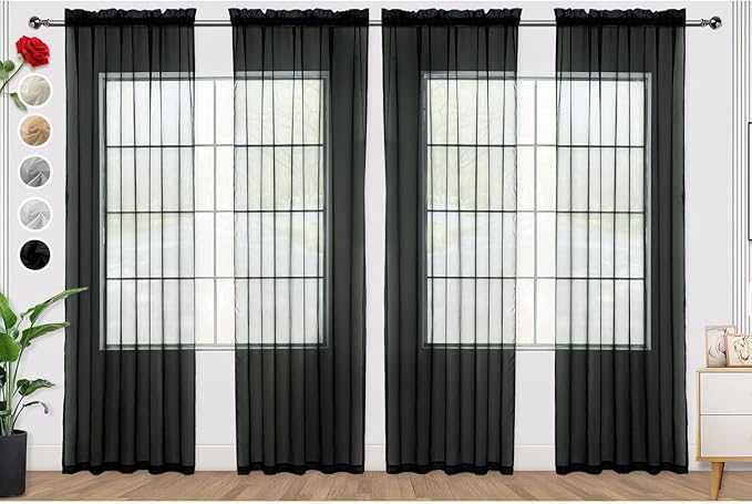 SpaceDresser Black Sheer Curtains 4 Panels Rod Pocket Semi-Sheer Curtain 45 Inches Long Light Filtering Voile Window Drapes for Bedroom Living Room Kitchen, Each 52W x 45L